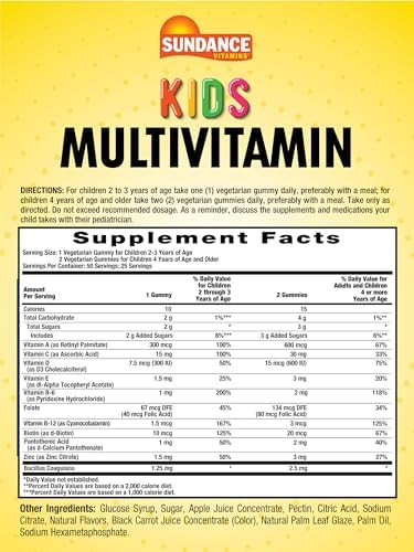 Sundance Kids Multivitamin Gummies With Vitamins D3 C B12 And Zinc 50 Count Mixed Berry Flavor Vegetarian Nongmo & Gluten Supplement