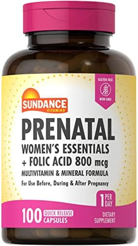 Sundance Prenatal Multivitamin With Folic Acid 100 Quick Release Capsules 800 Mcg Nongmo Gluten Supplement For Women