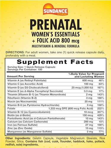 Sundance Prenatal Multivitamin With Folic Acid 100 Quick Release Capsules 800 Mcg Nongmo Gluten Supplement For Women