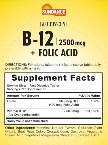Sundance Fast Dissolve Vitamin B12 With Folic Acid 2500Mcg 60 Count Natural Berry Flavor Vegetarian Nongmo And Gluten Supplement