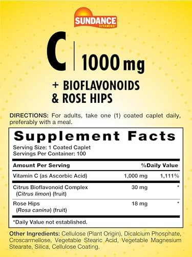 Sundance Vitamin C 1000Mg With Rose Hips & Bioflavonoids 100 Coated Caplets Vegetarian Nongmo And Gluten Supplement