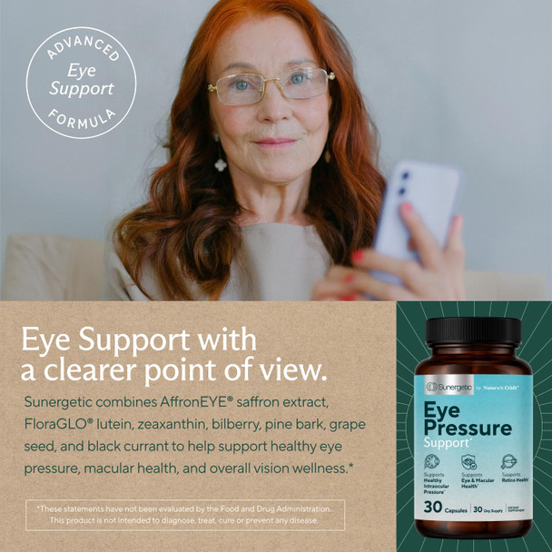 Sunergetic Premium Eye Pressure Support Supplement Eye Pressure Supplement With Saffron Lutein Zeaxanthin Bilberry & Pine Bark Supports Ocular Health & Overall Vision 30 Count