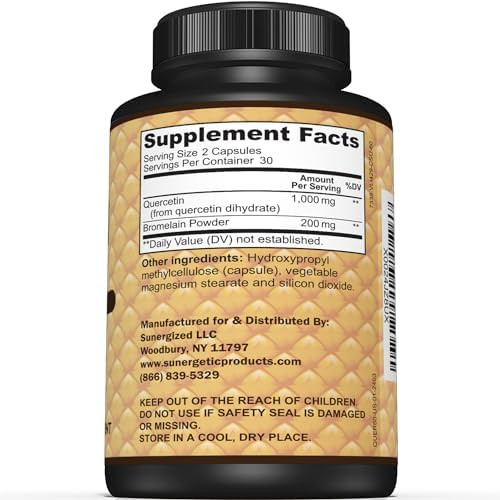 Sunergetic Premium Quercetin & Bromelain Supplement “ Powerful Quercetin Bromelain Complex To Help Support Immune System & Seasonal Support “ Quercetin 1000Mg Per Serving “ 60 Capsules