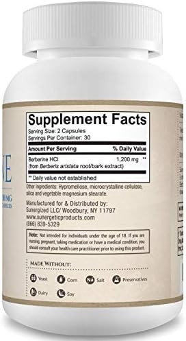 Sunergetic Premium Berberine Supplement 1200Mg Per Serving Berberine Hcl Supplement Nongmo Immune Support 60 Capsules