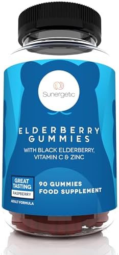 Sunergetic Premium Black Elderberry Gummies “ Black Elderberry With Vitamin C & Zinc “ Helps Support Immune System “ Great Tasting Sambucus Elderberry Gummies “ Raspberry Flavored “ 90 Gummies