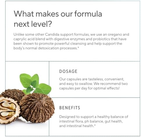 Sunergetic Premium Candida Cleanse Supplement “ Candida Support Supplement With Oregano Caprylic Acid Black Walnut & Probiotics “ Supports Gut Health Digestion & Intestinal Flora 60 Candi Support Capsules