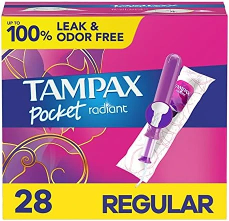 Tampax Pocket Radiant Compact Plastic Tampons With Leakguard Braid Regular Absorbency Unscented Pack Of 3 (28 Count Each Pack)
