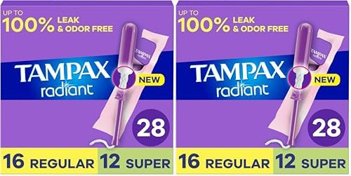 Tampax Radiant Tampons For Women Multipack With Leakguard Braid Regular/Super Absorbency Unscented 84 Count (3 Packs Of 28)