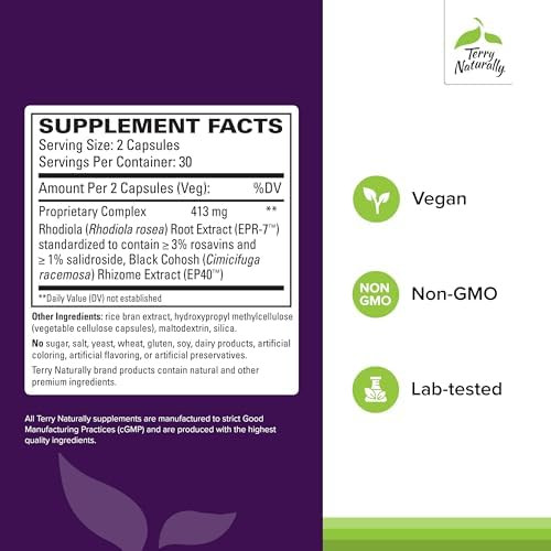 Terry Naturally Menopause Relief Plus Menopause Symptom Supplement Supplement To Aid Against Occasional Tiredness & Night Sweats Supplement With Rhodiola & Black Cohosh 60 Capsules