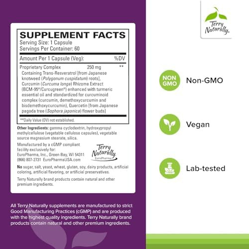 Terry Naturally Resveratrol Complex Antioxidant Supplement With Quercetin & Curcumin Supports Brain Heart & Immune Health Vegan Nongmo & Gluten 60 Capsules (60 Servings)