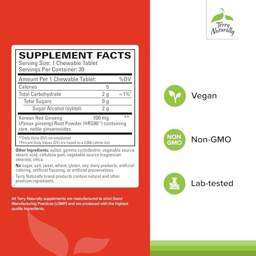 Terry Naturally Hrg80 Red Ginseng Energy Support Healthy Energy & Focus Herbal Supplement With Korean Red Ginseng Root Powder Tablets To Aid Healthy Endurance 30 Chewable Tablets (Pack Of 2)