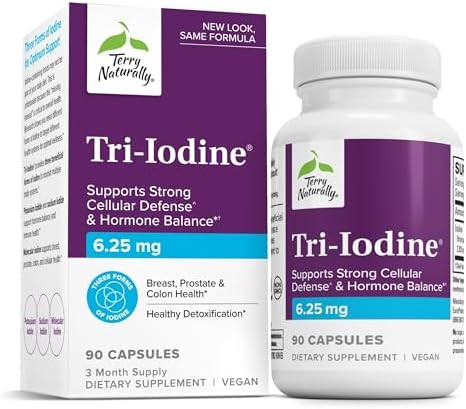 Terry Naturally Triiodine Support Thyroid Health Aids Hormone Balance With Molecular Iodine From Kelp Features Potassium Iodide & Sodium Iodide Brain & Energy Support 6.25Mg 90 Capsules