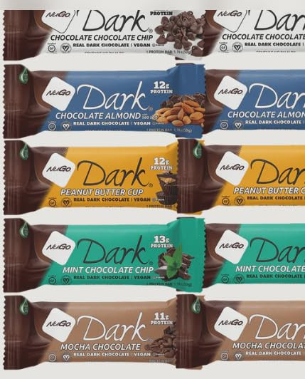 The Kitchen Queen Variety Pack Protein Dark Bars "Made For Nugo Nutrition " 12 Count “ Flavors: Chocolate Chip Pretzel Mint Mocha Peanut Butter Coconut Or Almond “ Kosher Pareve Dairy Vegan Gluten "The Kitchen Queen" Packaging