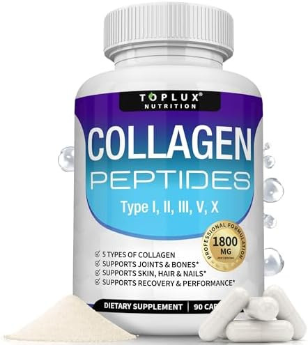 Toplux Multi Collagen Peptides Pills 1800 Mg Complex Type I Ii Iii V X Premium Collagen Complex For Better Skin & Hair Strong Joint Hydrolyzed Protein For Men Women 90 Capsules Supplement