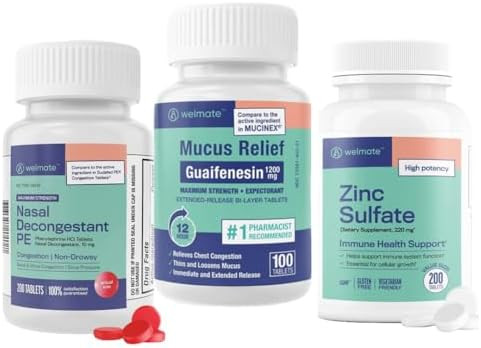 Welmate Ultimate Cold & Allergy Relief Bundle: Maximum Strength Guaifenesin 1200 Mg Mucus Relief (100 Tablets) Phenylephrine Hcl 10 Mg Nasal Decongestant (200 Tablets) & Zinc Sulfate 220Mg