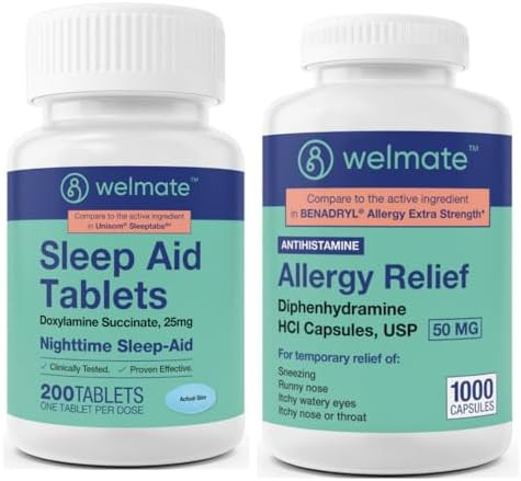 Welmate Allergy & Sleep Support Bundle Diphenhydramine 50Mg + Doxylamine 25Mg Antihistamine & Nighttime Aid 1000 + 200 Tablets