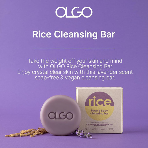 OLGO Rice Cleansing Bar 3.5 oz - Soap-Free Cleansing Bar for Face and Body | Crystal Clear & Moist Skin with Fermented Korean Rice Water and Natural Lavender Oil | Vegan Sustainable Formula