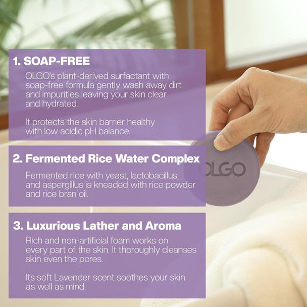 OLGO Rice Cleansing Bar 3.5 oz - Soap-Free Cleansing Bar for Face and Body | Crystal Clear & Moist Skin with Fermented Korean Rice Water and Natural Lavender Oil | Vegan Sustainable Formula