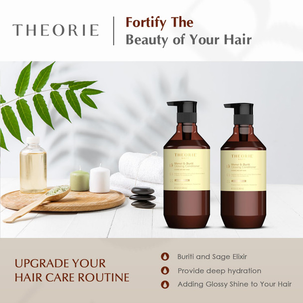 Theorie Monoi and Buriti Glossing Conditioner - Hydrate & Shine - Suited for Coarse and Dry Hair - Protects Color & Keratin Treated Hair Pump Bottle 400mL