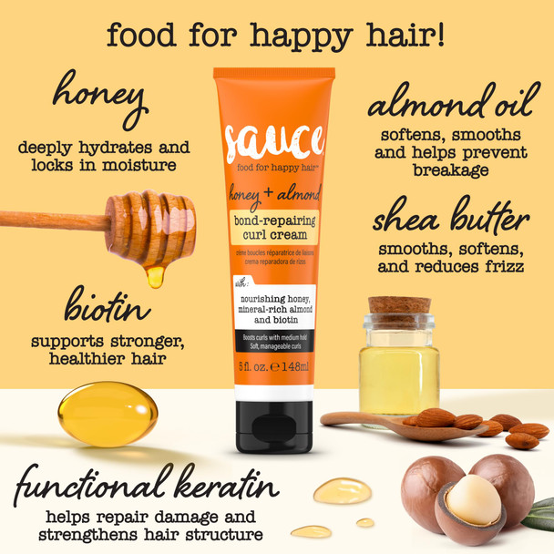 SAUCE Honey + Almond Bond Repair Curl Cream 5 Fl Oz Controls Frizz & Defines Curls Helps Repair Damage & Reduce Breakage with Biotin & Almond Oil No Sulfates & Parabens