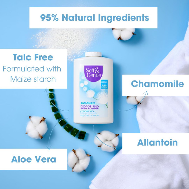 SOFT and  GENTLE Fresh Cotton Talc Free Cotton Body Powder 250g Deodorising Personal Hygiene Against Moisture Friction and Odour Prevent Smudging After Self Tanning and Facial Makeup