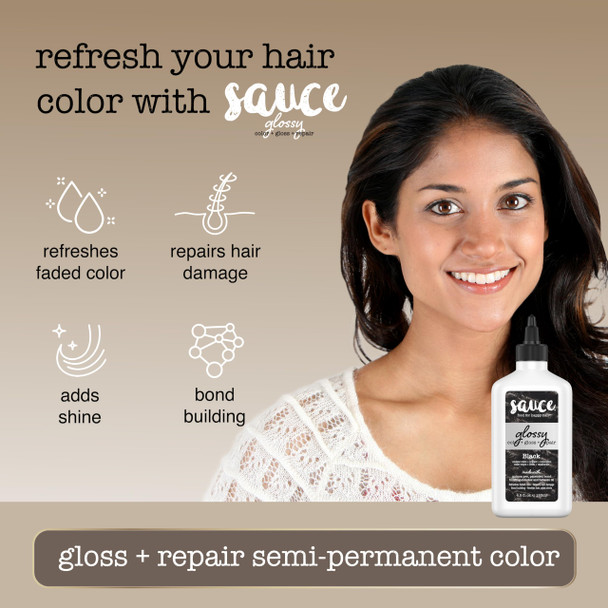 Sauce Beauty Glossy Color + Gloss + Repair Black Semi Permanent Hair Dye with Bond-Building and Color-Fade Protection Technology Adds Shine & Deep Moisture Lasts 4-8 Weeks Stops Fade