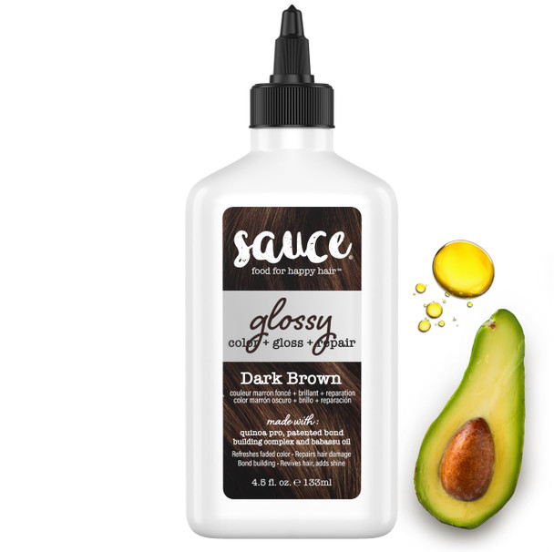 Sauce Beauty Glossy Color + Gloss + Repair Dark Brown Semi Permanent Hair Dye with Bond-Building and Color-Fade Protection Technology Adds Shine & Deep Moisture Lasts 4-8 Weeks Stops Fade