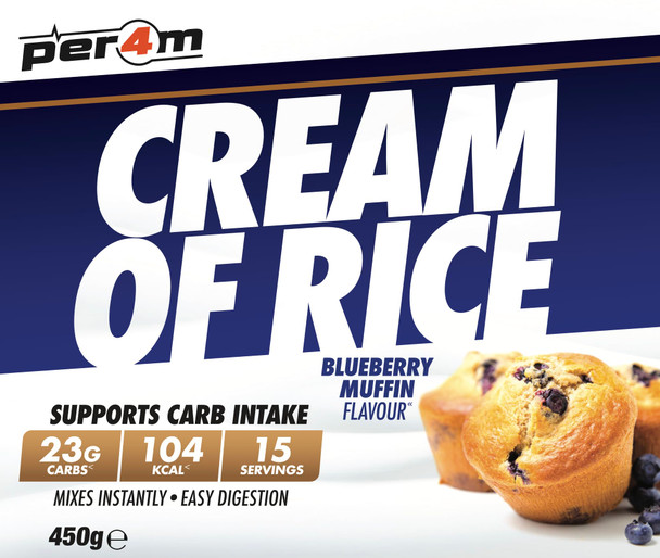 Per4m Protein Cream of Rice | Easy-to-Digest Complex Carbohydrate | Gluten-Free, Plant-Based Smooth Rice Porridge | Ideal Pre Post-Workout (450g, Blueberry Muffin)