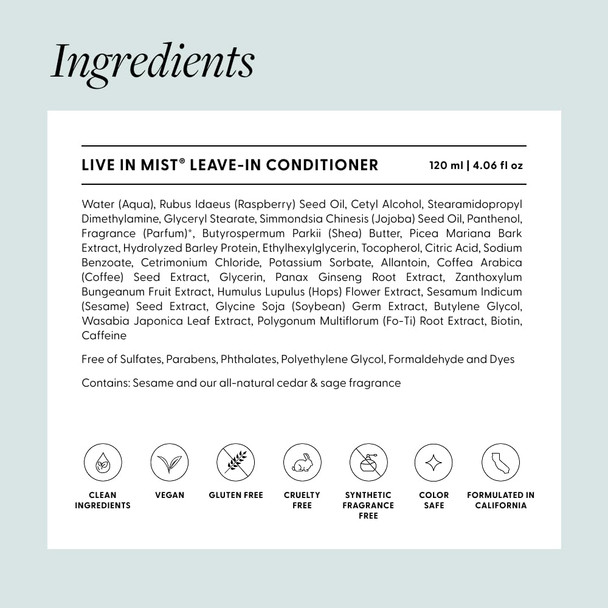 Live In Mist® Leave-In Conditioner | The Sunscreen of Haircare™ | Hydrate Detangle & Protect | Raspberry Seed Oil for UV Protection | Black Spruce Extract for Color Preservation | Sulfate-Free (4 oz)