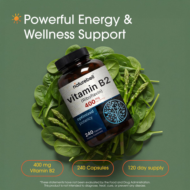 NatureBell Vitamin B2 (Riboflavin) 400mg  240 Capsules  Supplement for Energy Skin & Cellular Health Non-GMO & Gluten Free  Easily Absorbed