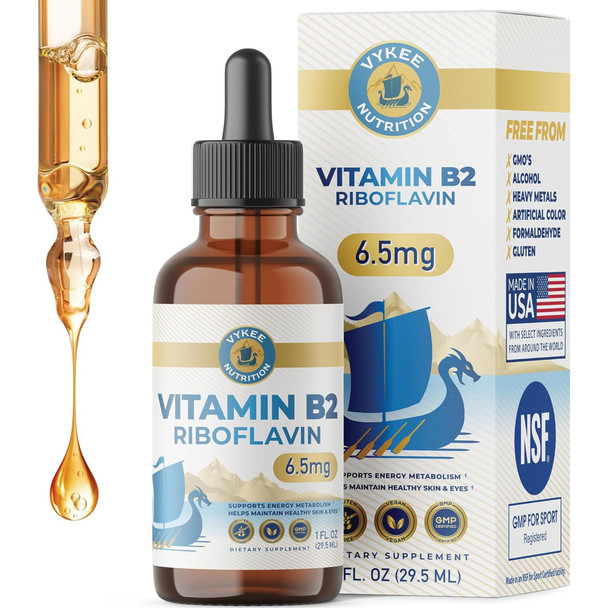 Vykee Nutrition Vitamin B2 Riboflavin Drops  Liquid B2 Supplement for Energy Metabolism Cellular Function and Vision Support  Vegan Non-GMO Gluten-Free GMP Certified - 6.5 mg 30 Servings