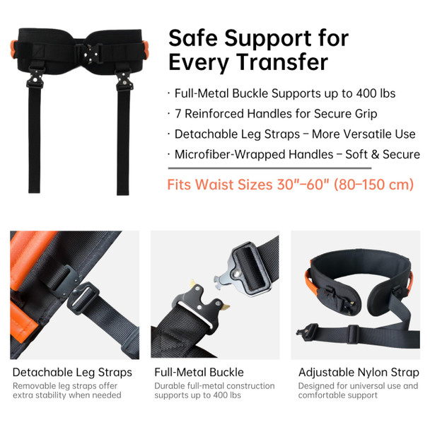 NurtureCare Upgraded Gait Belt with Metal Buckle, Transfer Belt with Handles and Leg Straps, Lift Belt for Seniors, Walking Support, Mobility and Elderly Assistance (Orange, Medium)