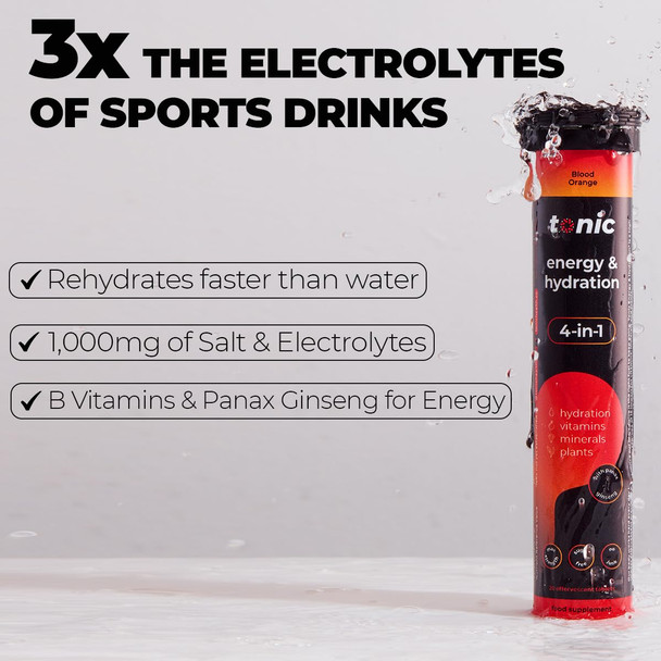 Tonic Health Energy and Hydration Tablets - 15 Vitamins, Minerals, Plants with Panax Ginseng, No Sugar Effervescent Multivitamins - Rehydration Electrolytes Tablets, Blood Orange 20 Count