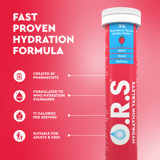O.R.S Hydration Tablets with Electrolytes, Vegan, Gluten and Lactose Free Formula – Soluble Sports Hydration Tablets with Natural Strawberry Flavour, 12 count (Pack of 1)