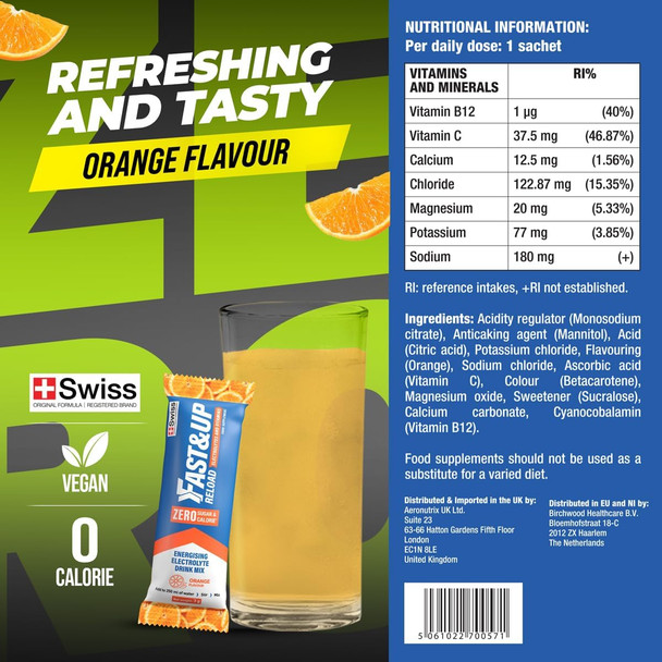 Fast&Up Reload Zero Electrolyte Powder Drink Mix, Zero Sugar & Calories, 15 Sachets, 5 Electrolytes Plus Vitamin C & B12 for Instant Hydration & Energy, Orange Flavour