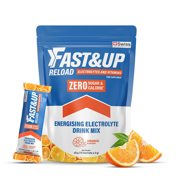 Fast&Up Reload Zero Electrolyte Powder Drink Mix, Zero Sugar & Calories, 15 Sachets, 5 Electrolytes Plus Vitamin C & B12 for Instant Hydration & Energy, Orange Flavour