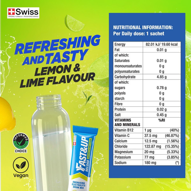 Fast&Up Reload Electrolyte Powder Drink Mix |15 sachets| 5 Electrolytes & Vitamins for Instant Hydration & Energy | (Lemon & Lime)