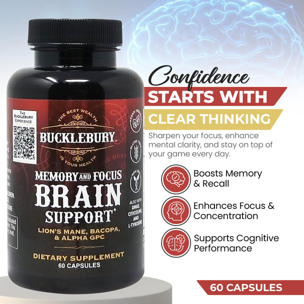 BUCKLEBURY Brain and Memory Supplements with Bacopa & Alpha GPC - Nootropic Brain Capsules for Cognitive Support, Focus & Mental Clarity - Memory and Focus Pills for Women & Men - Vegan 60 Capsules