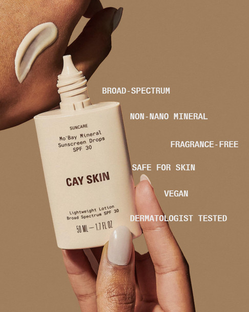 Cay Skin Mo'Bay Mineral Sunscreen Drops SPF 30 – Broad Spectrum Face Sunscreen & Makeup Primer w/Sea Moss – Lightweight Moisturizing Reef Safe Lotion with Natural Finish for All Skin Types – 1.7 oz.