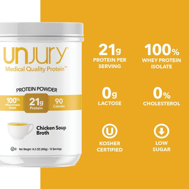 Unjury Whey Protein Powder | Chicken Soup Flavored High Protein Soup | 21g 100% Whey Isolate Protein Powder | Low Carb and Sugar Free | Gluten Free | Certified Kosher | 15 Servings