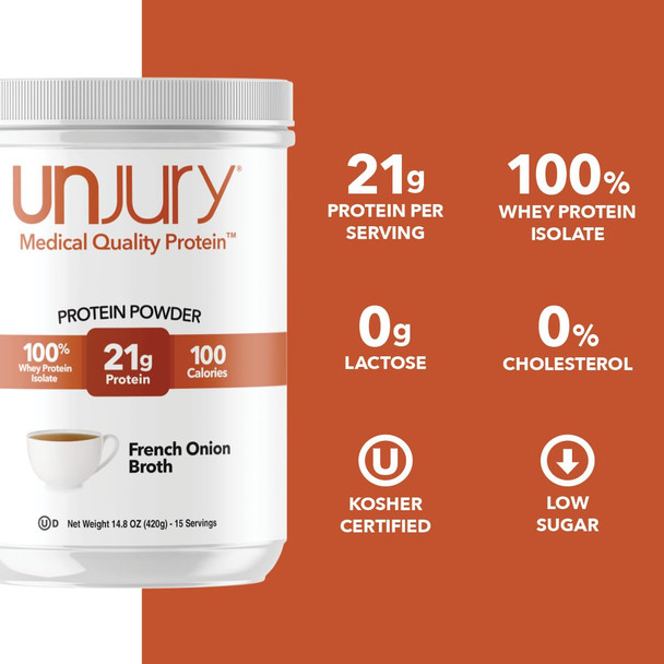 Unjury Whey Protein Powder | French Onion High Protein Soup | 21g 100% Whey Isolate Protein Powder | Low Carb and Lactose Free | Gluten Free | Certified Kosher | 15 Servings
