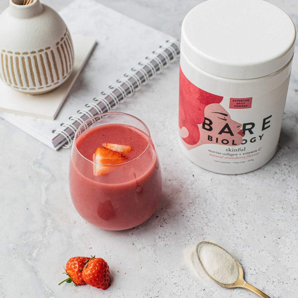 Bare Biology Skinful Marine Collagen Powder with Vitamin C, Strawberry Flavour, 300g 60 Servings