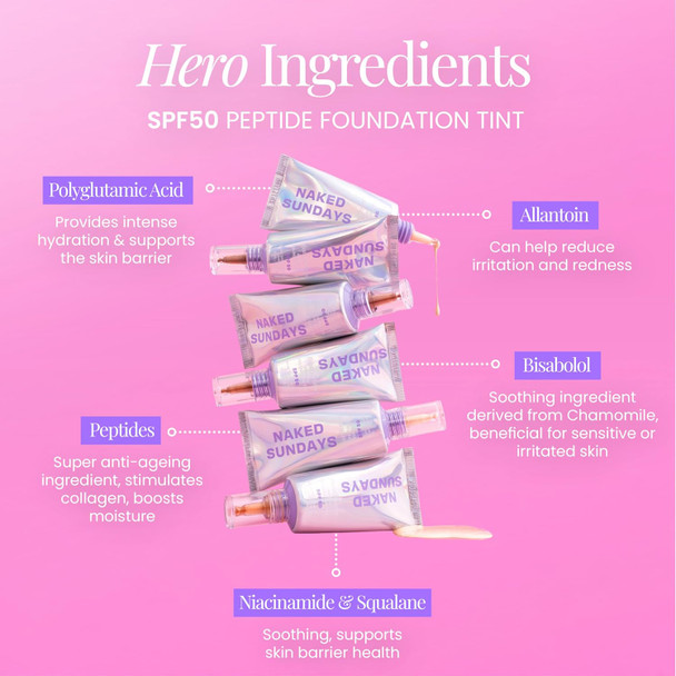 Naked Sundays BeautyScreen™ SPF 50 Peptide Foundation Tint – Tinted Sunscreen & Skincare Makeup with Zinc Oxide, Niacinamide – Lightweight Natural Coverage, 2.5 Light Neutral, 1.01 oz