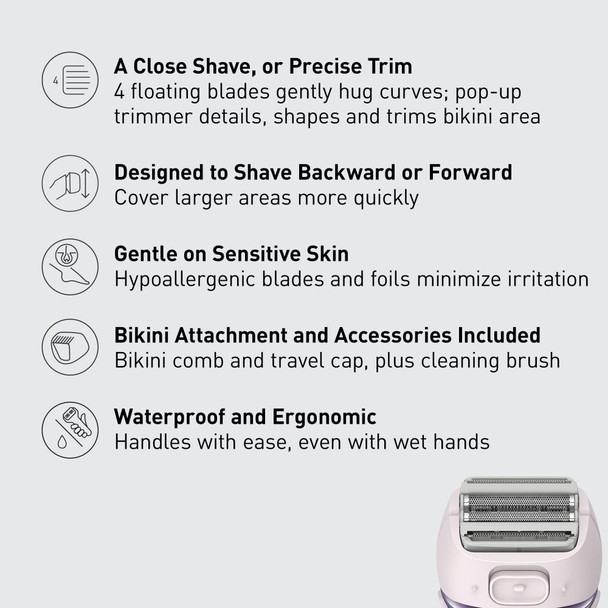 Panasonic Electric Shaver for Women Cordless 4-Blade Shaver Bikini Attachment Pop-Up Trimmer Wet Dry Operation Electric Razors for Women - ES-AWL8AV (Purple)