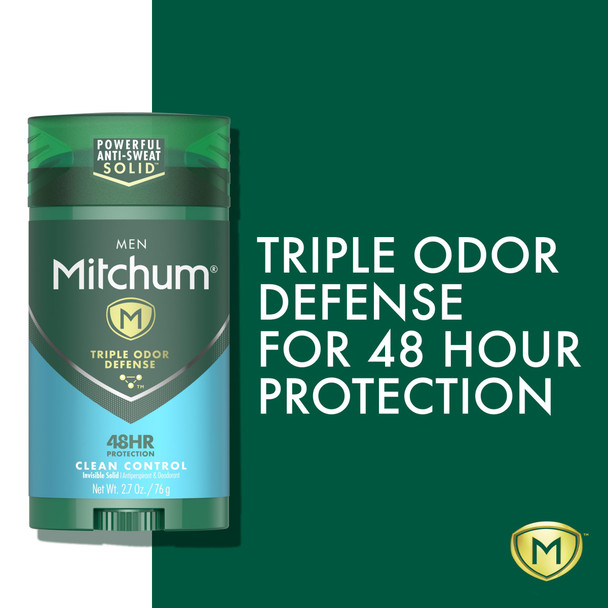Mitchum Men's Deodorant Antiperspirant Stick Triple Odor Defense Invisible Solid 48 Hr Protection Dermatologist Tested Clean Control 2.7 Oz
