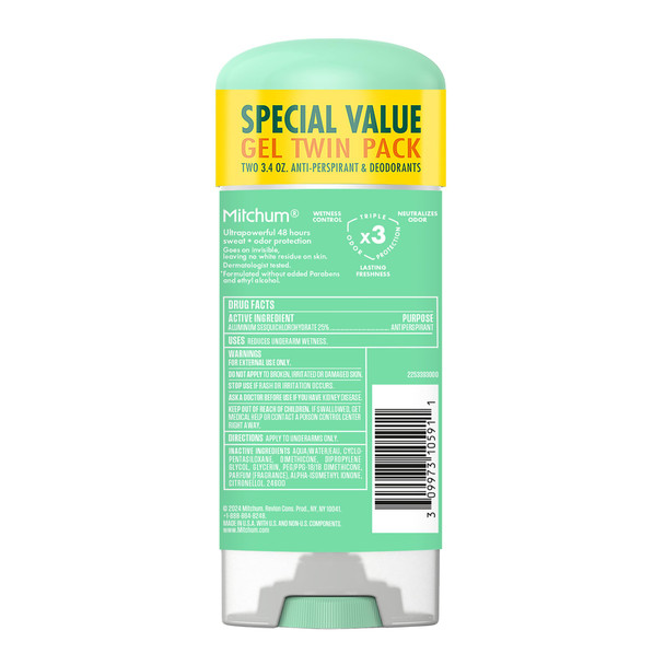 Mitchum Women’s Antiperspirant Deodorant Gel Stick Shower Fresh Scent 48HR Sweat & Odor Protection Triple Odor Defense Alcohol-Free 3.4 oz (Pack of 2)