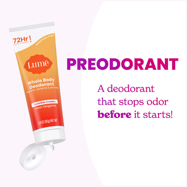 Lume Whole Body Deodorant - Invisible Cream Tube - 72 Hour Odor Control - Aluminum Free Baking Soda Free Skin Safe - 3.0 ounce (Clean Tangerine)
