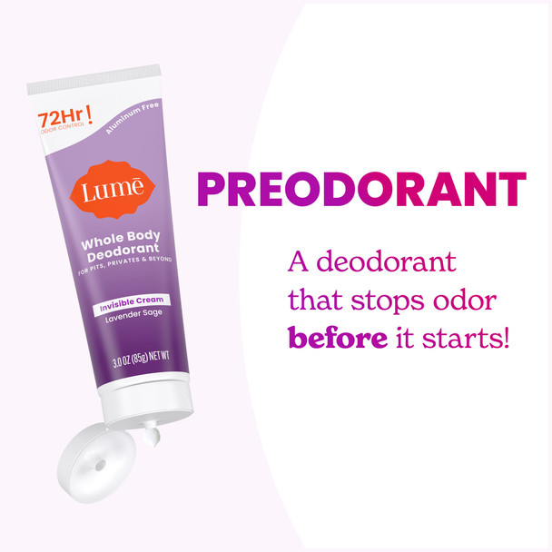 Lume Whole Body Deodorant - Invisible Cream Tube - 72 Hour Odor Control - Aluminum Free Baking Soda Free Skin Safe - 3.0 ounce (Lavender Sage)