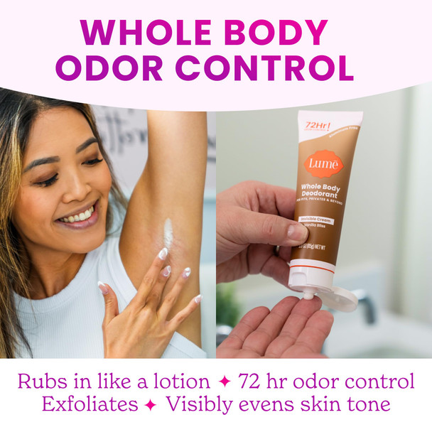 Lume Whole Body Deodorant - Invisible Cream Tube - 72 Hour Odor Control - Doctor Developed - Aluminum Free Baking Soda Free and Skin Loving - 3.0 Ounce (Vanilla Bliss)