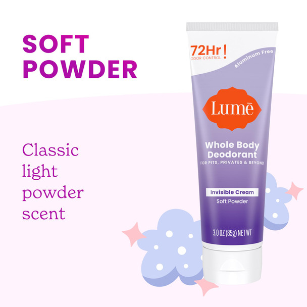 Lume Whole Body Deodorant - Invisible Cream Tube - 72 Hour Odor Control - Doctor Developed - Aluminum Free Baking Soda Free and Skin Loving - 3.0 Ounce Pack of 2 (Soft Powder & Toasted Coconut)